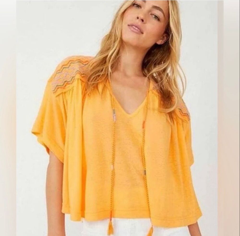 Free People Boho Market Orange Embroidered Top Size XS New